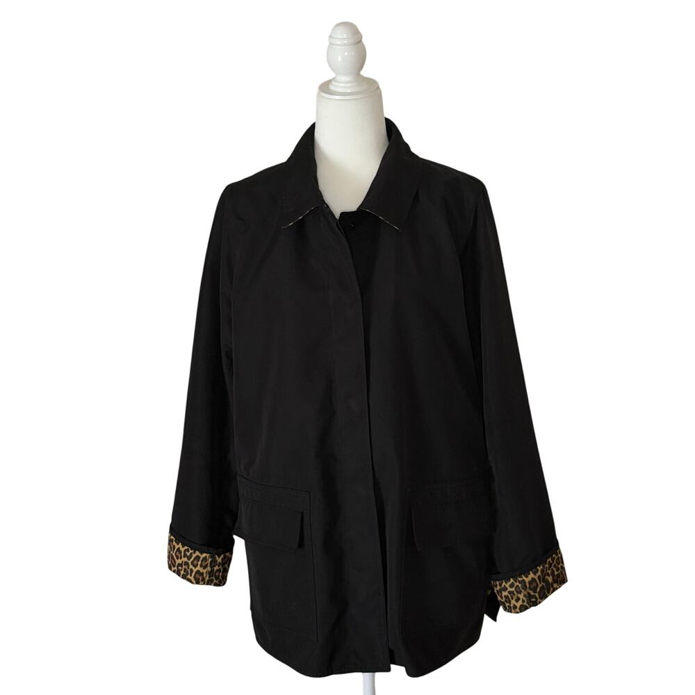 VTG Dennis Basso Nylon Barn Jacket Rain Coat Women's M | Black & Animal Print